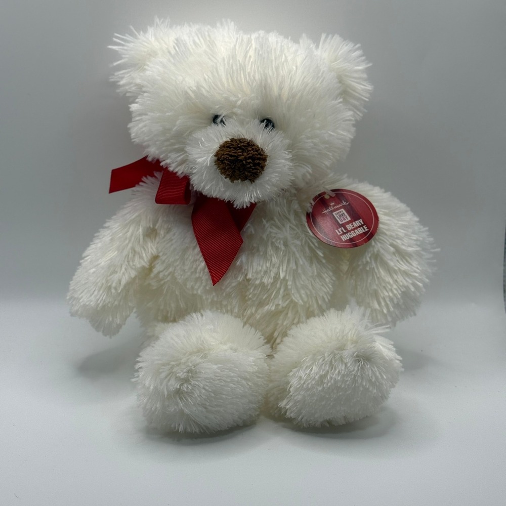 Hallmark Lil Beary Huggable White Shaggy Plush Teddy Bear Red Bow‎ 10 inch NEW